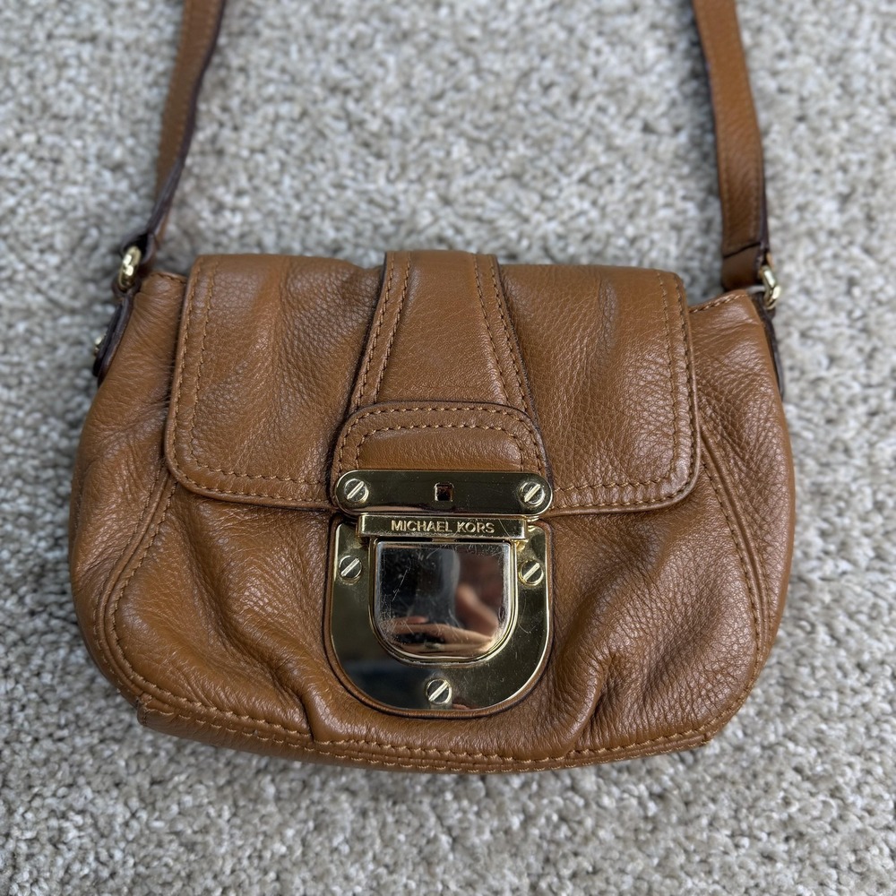 Michael Kors Crossbody Bag Womens Small Brown Leather Push Lock Gold Purse